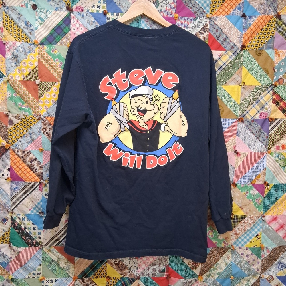 Steve Will Do It Full Send Long Sleeve Shirt Size Large Navy Blue Popeye Graphic